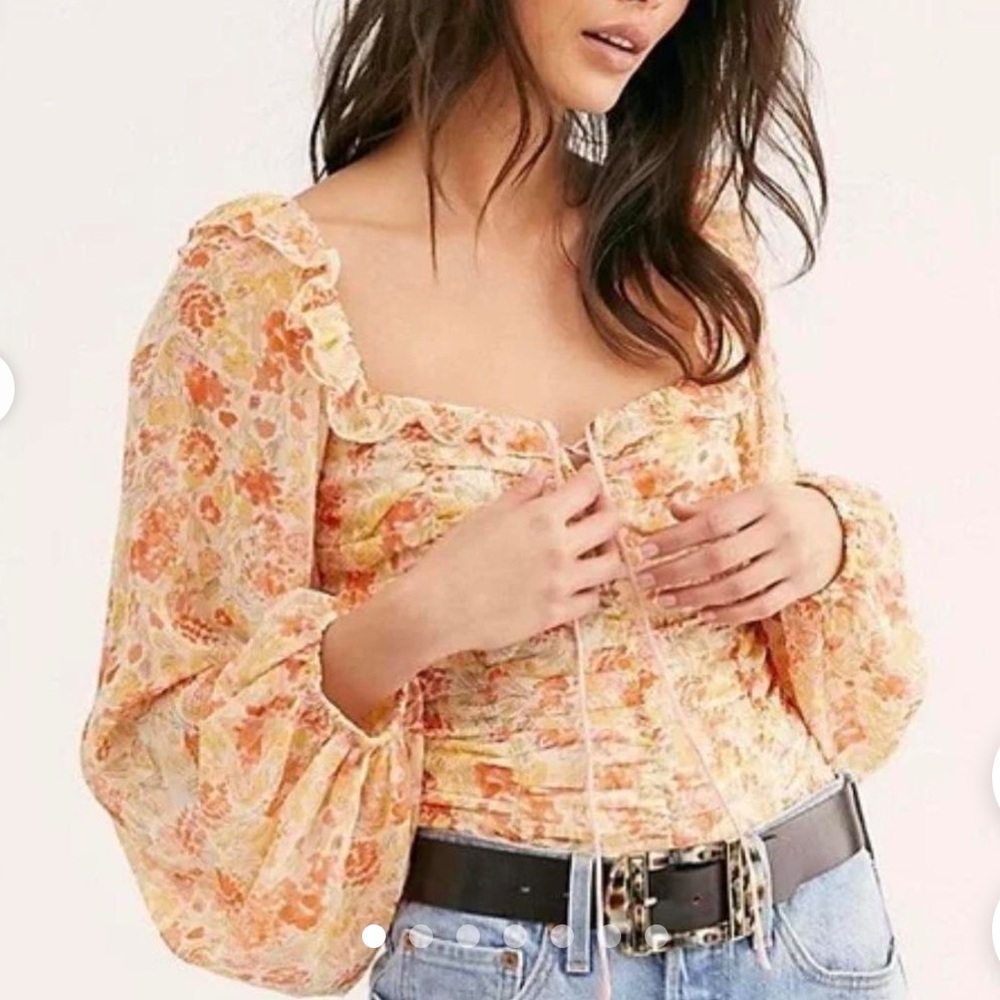 Free People Orange and Pink Ruched Bell Sleeve Blouse